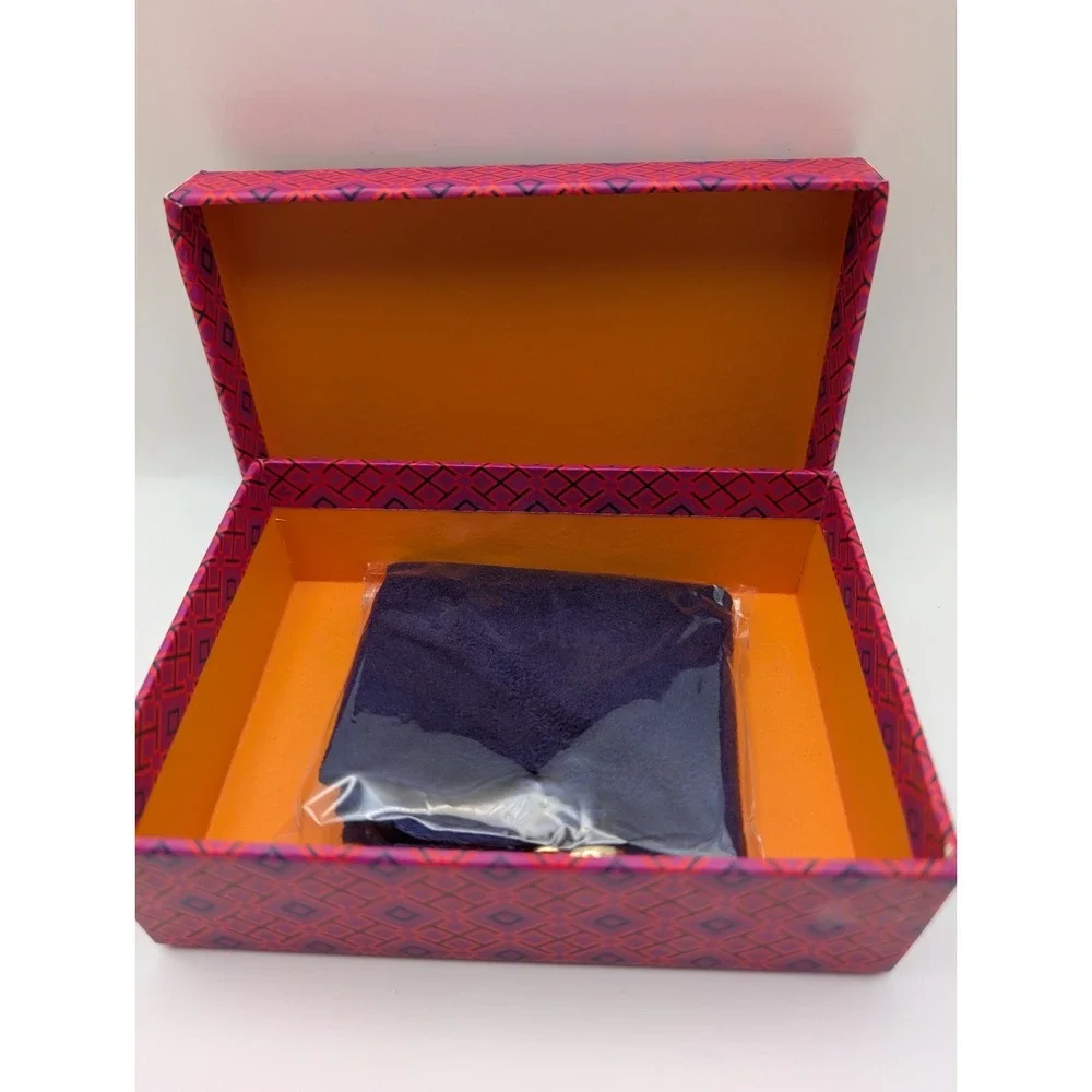 Tory Burch Box And Bag Velvet Gold Logo Accent Charm Purple Jewelry Wallet